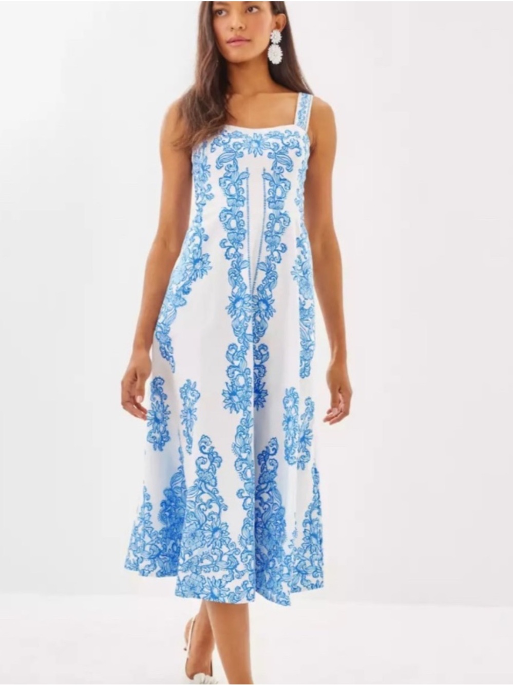 Lilly Pulitzer White Dress with Blue Scroll Print Midi